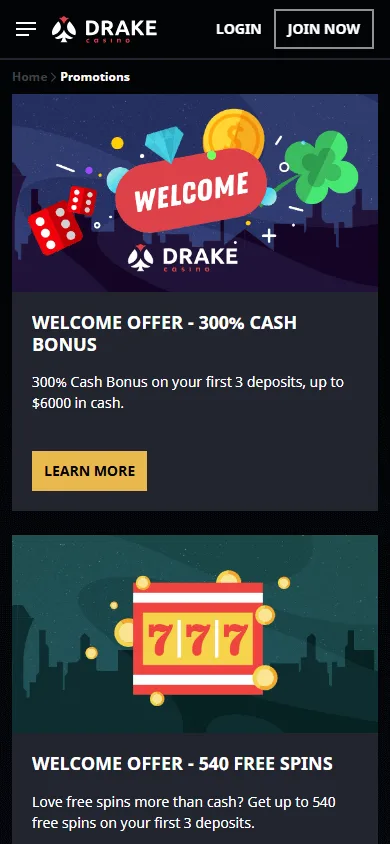 Drake Casino mobile browser promotions area with available rewards