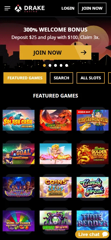 Drake Casino mobile browser home screen with account and casino access