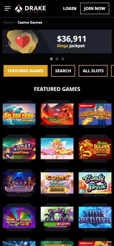 Drake Casino mobile browser games area with pokies and casino options