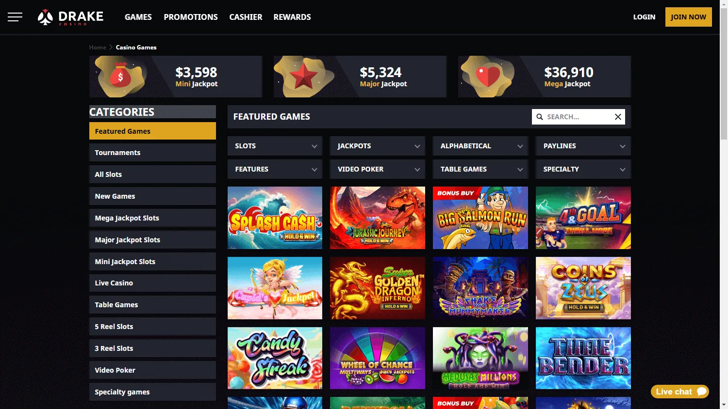 Drake Casino desktop games area with pokies and casino categories