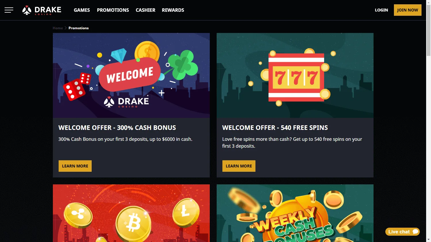 Drake Casino desktop promotions area with bonuses and rewards