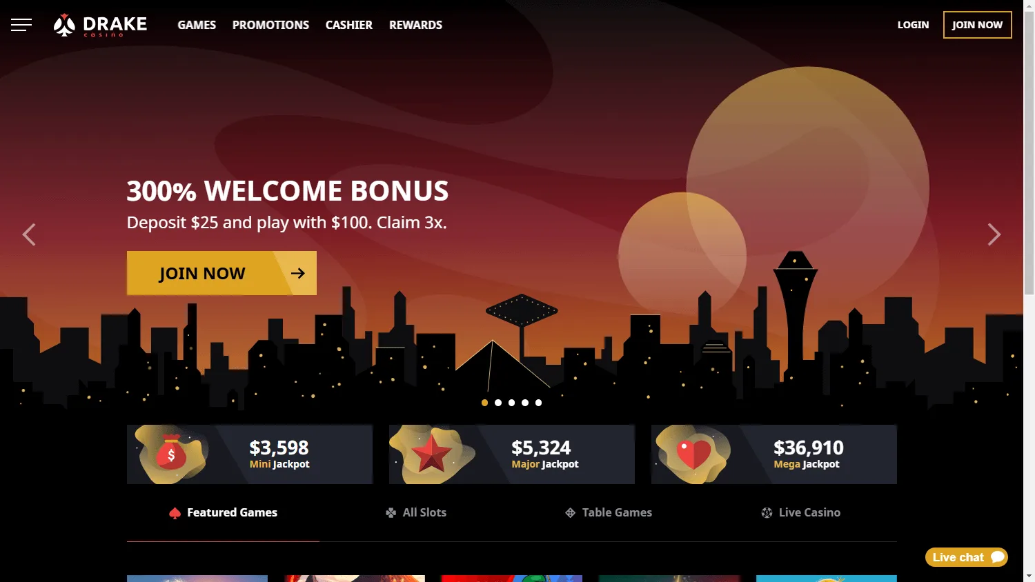 Drake Casino desktop home screen with the casino offer and game access